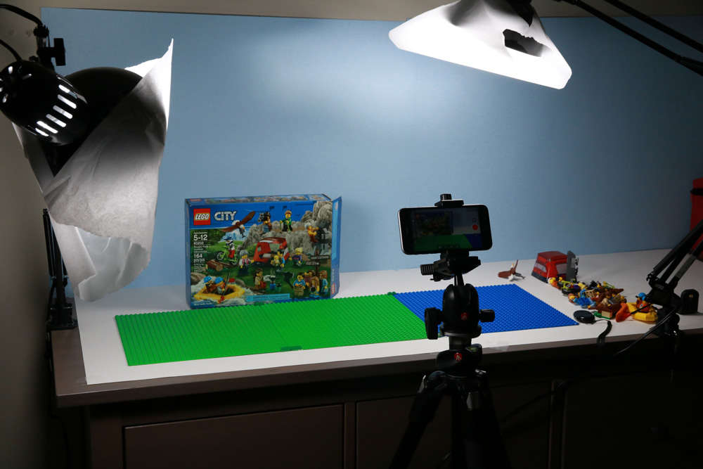 Behind the scenes shot of 'LEGO CITY: People Pack Outdoor Adventures' showing the lights and set.